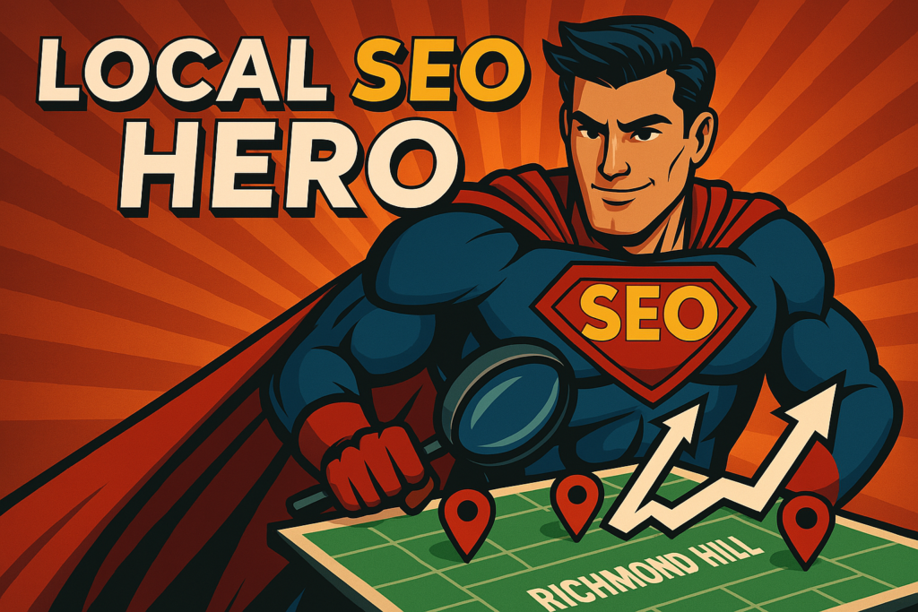 Illustration of a superhero promoting Richmond Hill SEO with map and ranking icons