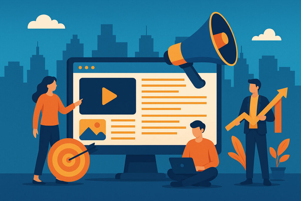 Content marketing illustration with SEO, social media, and growth strategy in Toronto