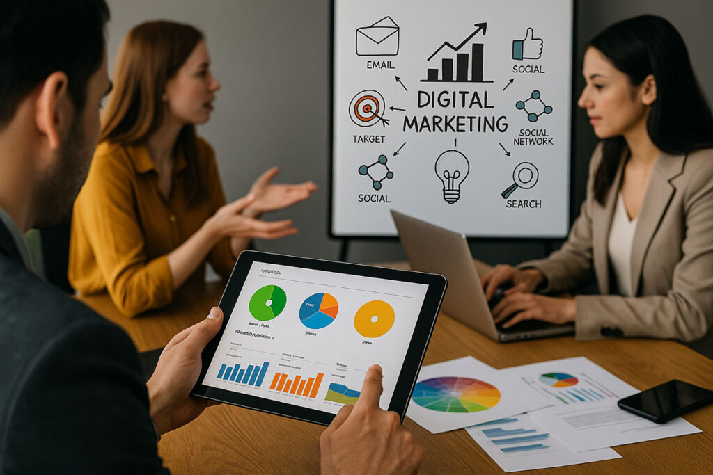 Modern digital marketing workspace with professionals reviewing analytics and strategies