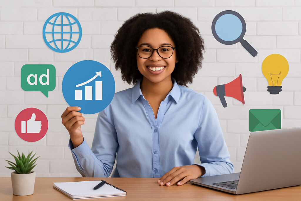 Digital marketing specialist reviewing strategy with laptop and analytics in office