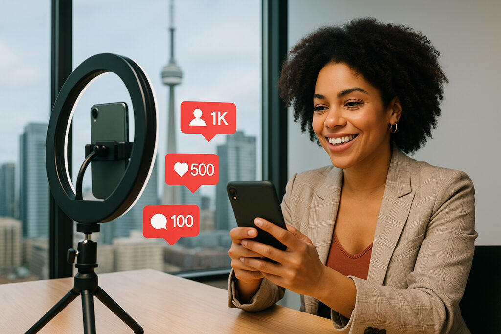 Influencer marketing Toronto creator recording video content with smartphone and ring light overlooking CN Tower skyline