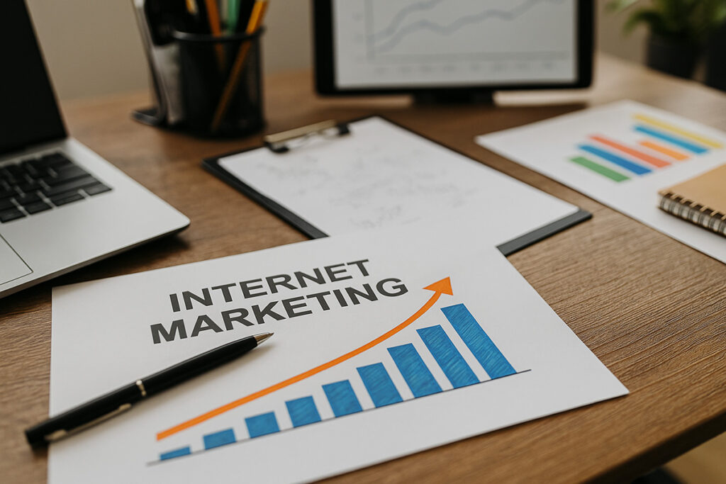 Internet marketing growth concept with upward graph and analytics charts on desk