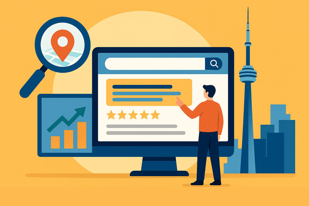 Digital illustration showing a person analyzing search results on a computer with Toronto skyline, magnifying glass, and growth chart