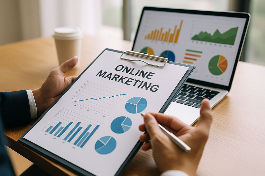 Business professional analyzing online marketing charts and growth strategy on laptop and clipboard