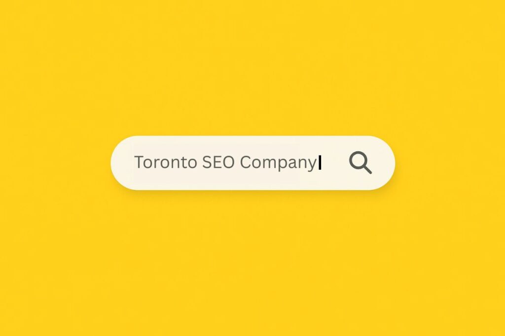 Conceptual feature image showing a Google-style search bar with the text Your Company on a solid yellow background, symbolizing finding the right SEO partner in Toronto for 2025