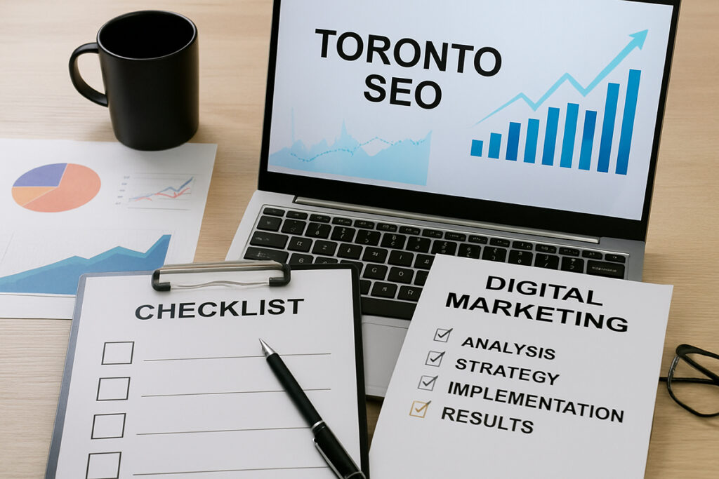 Workspace with laptop showing SEO analytics charts, digital marketing checklist, and reports on desk