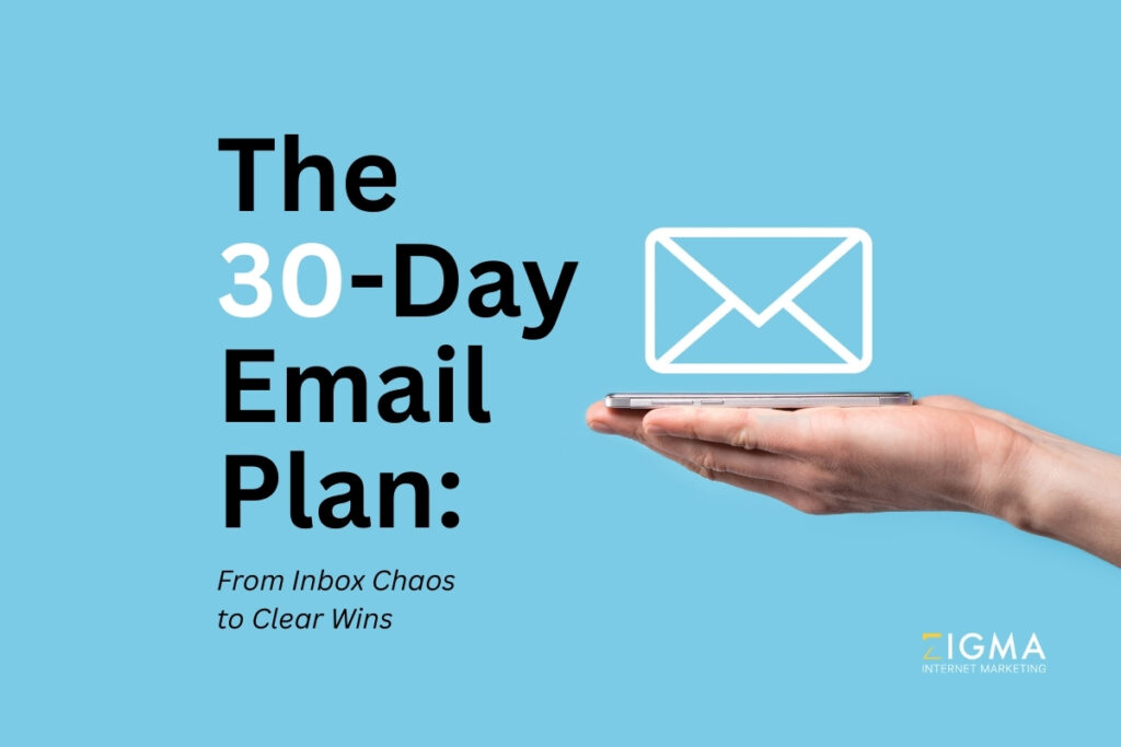 Hand holding a tablet with an email icon above it, promoting the 30-Day Email Plan from Inbox Chaos to Clear Wins by Zigma Internet Marketing
