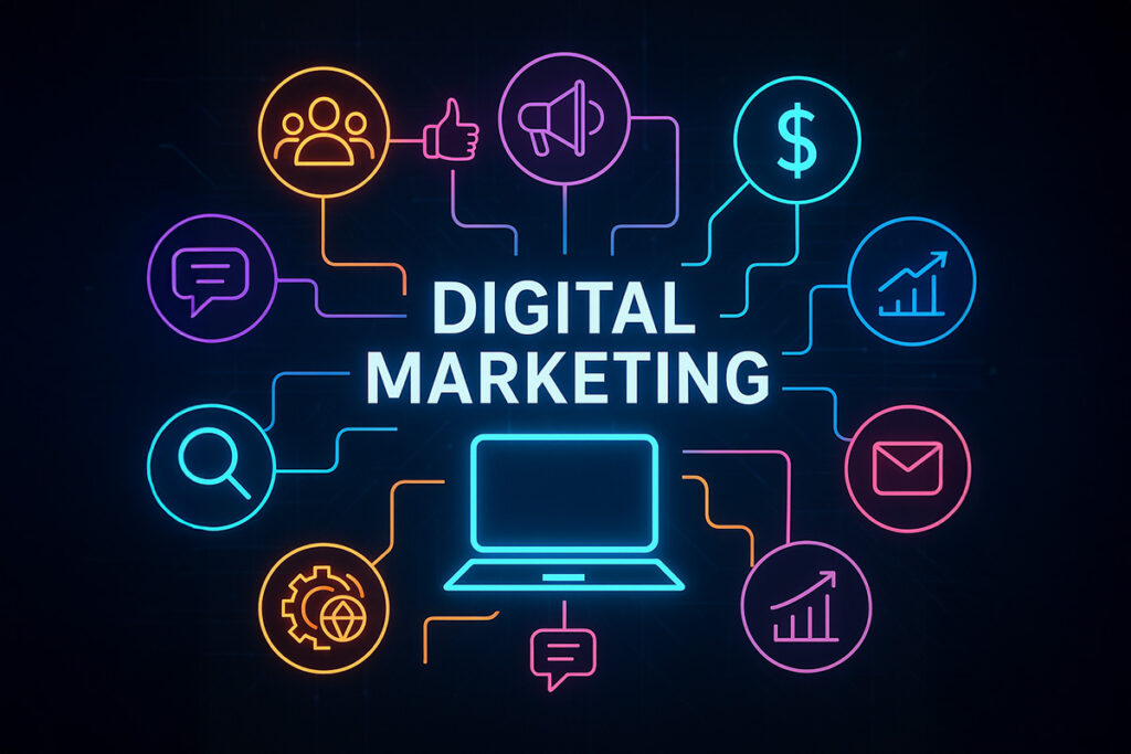 digital illustration with glowing icons representing SEO, social media, email, and analytics interconnected on a futuristic dark background