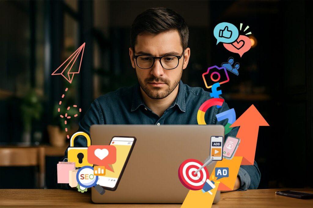 Focused marketer at laptop with digital marketing icons above the screen symbolizing SEO, growth, and communication.