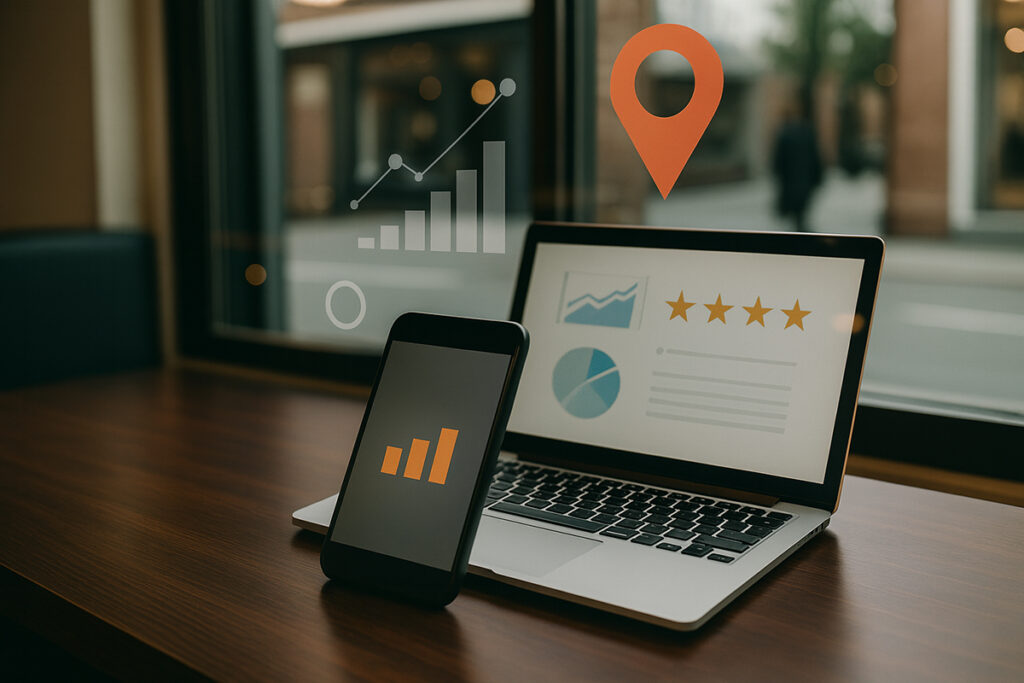 A modern café workspace with a laptop and smartphone on a wooden desk, displaying charts, location icons, and review stars to represent Local SEO and digital marketing.