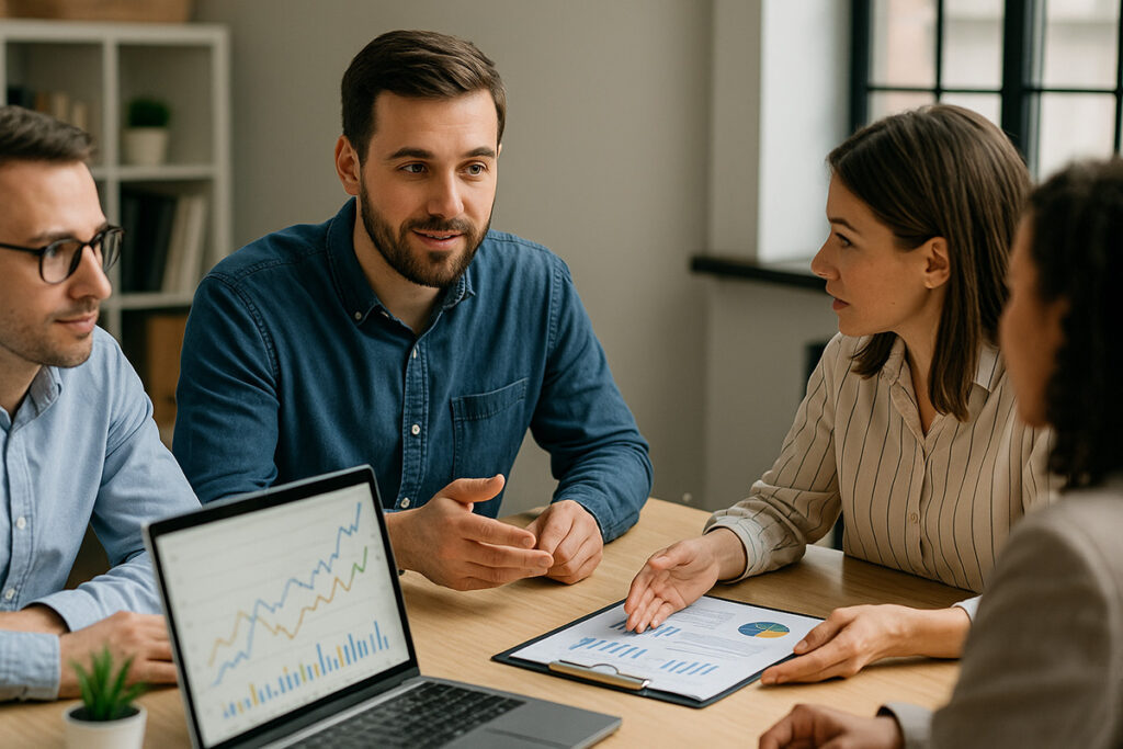 Group of marketing professionals discussing SEO strategy with laptop and printed reports at a modern office table