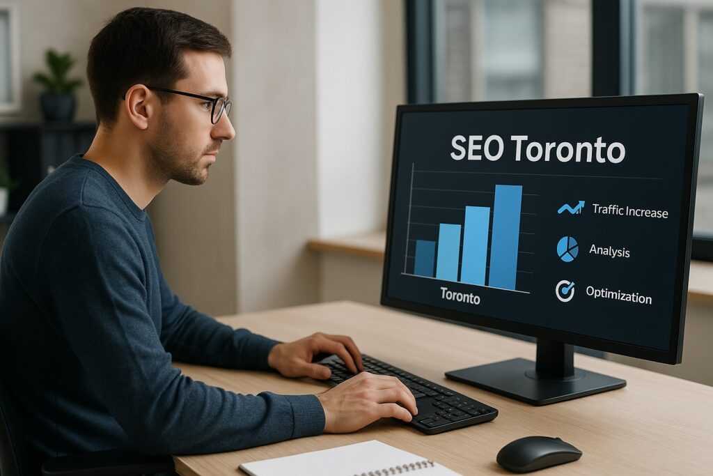 A professional male IT analyst working at a desk reviewing SEO Toronto comparison data on a widescreen monitor in a modern office setting.