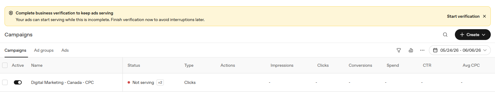 Campaigns dashboard showing the newly created campaign with account setup prompt