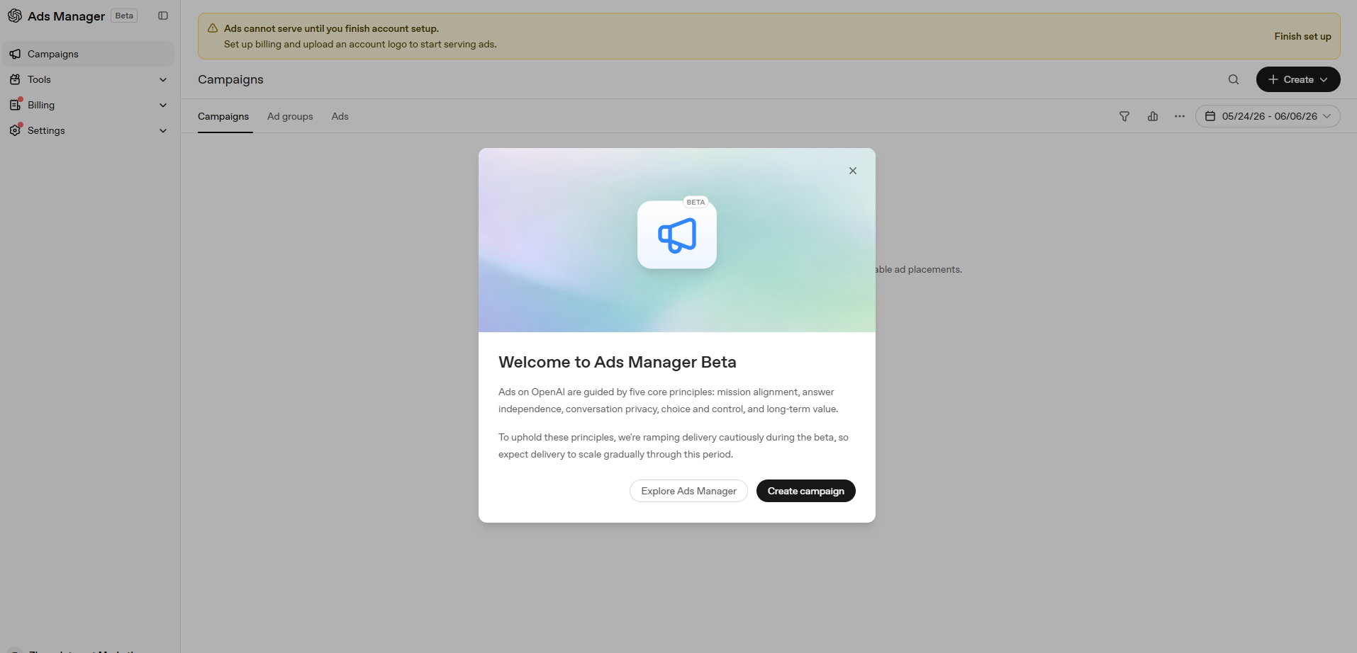Ads Manager Beta welcome screen with five core principles