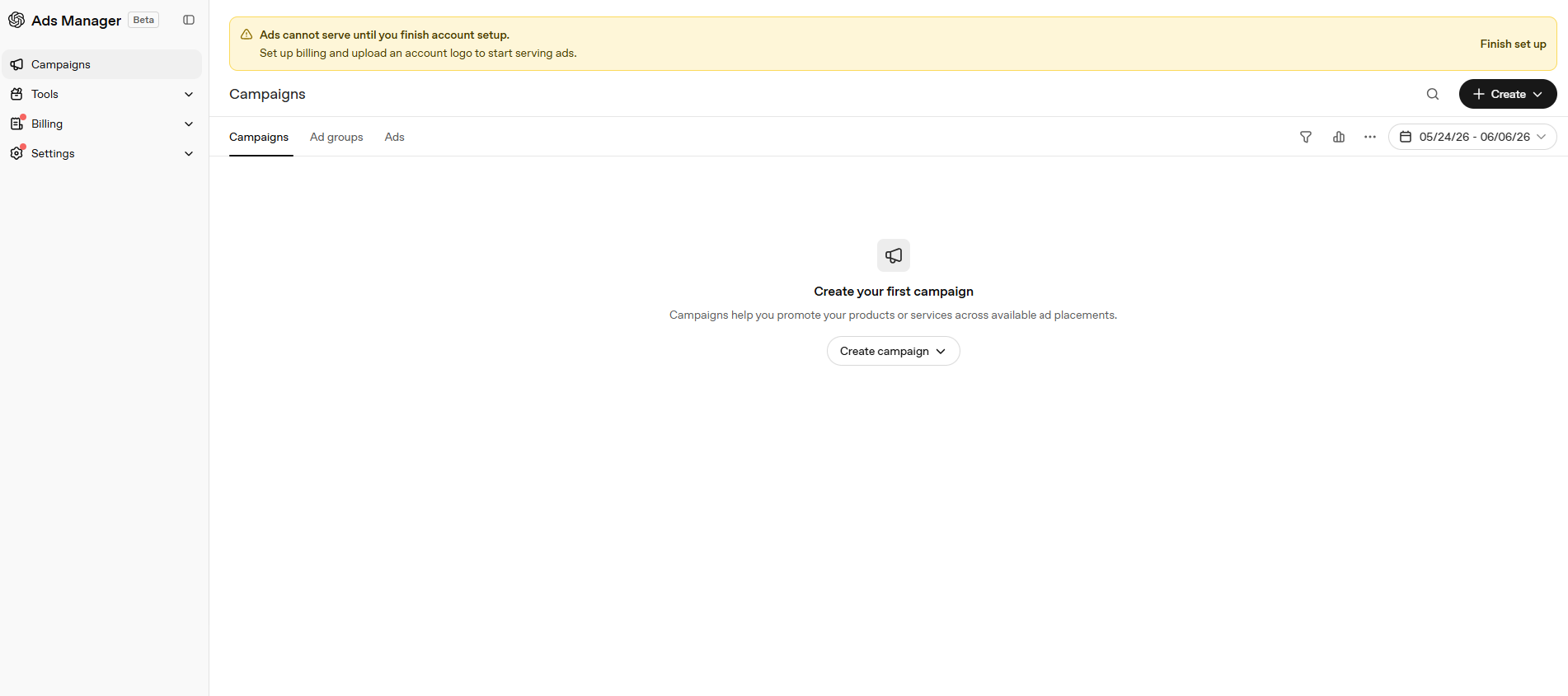 Empty Campaigns dashboard in Ads Manager