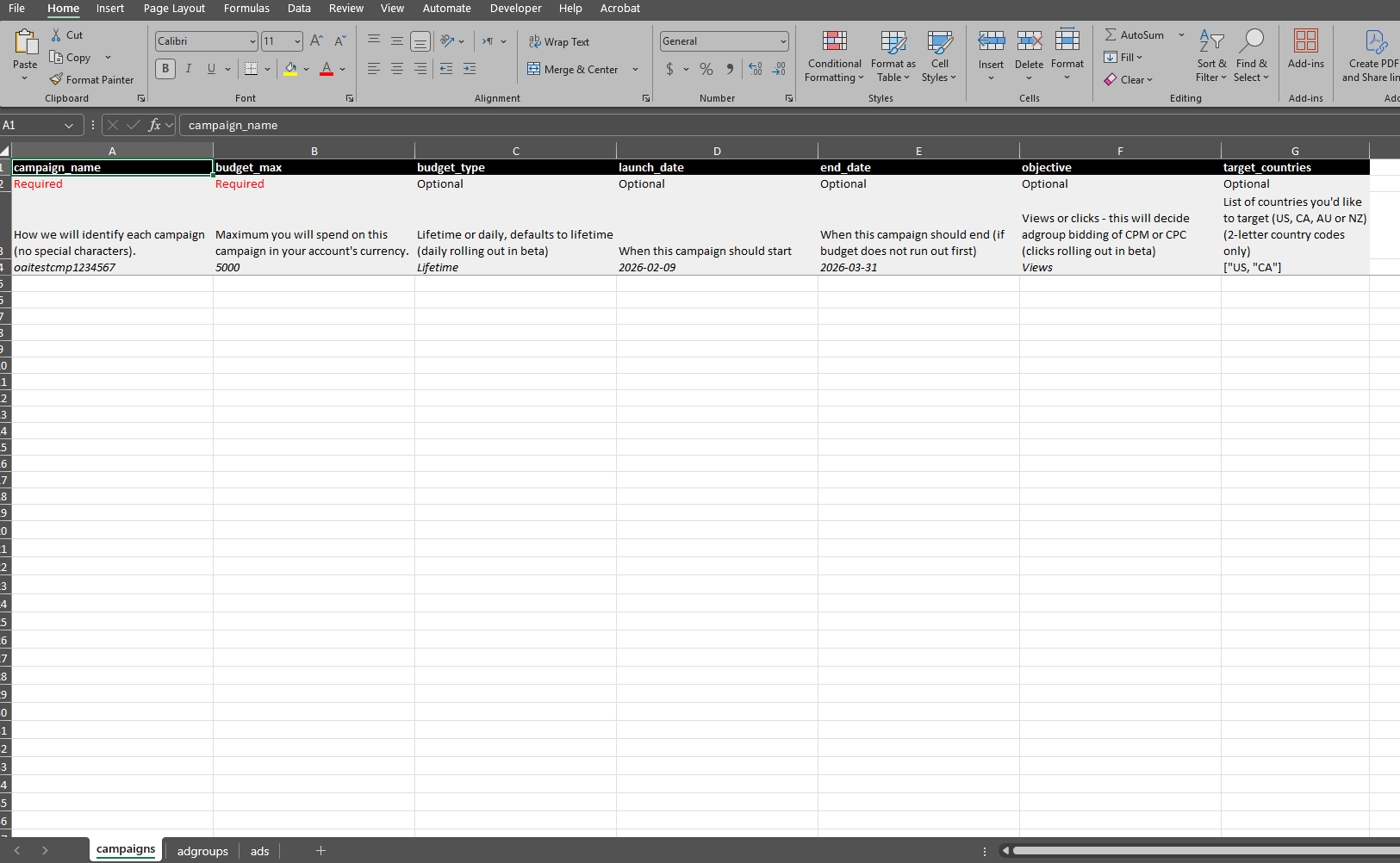 Completed campaign creation form with name, objective, location and budget filled in