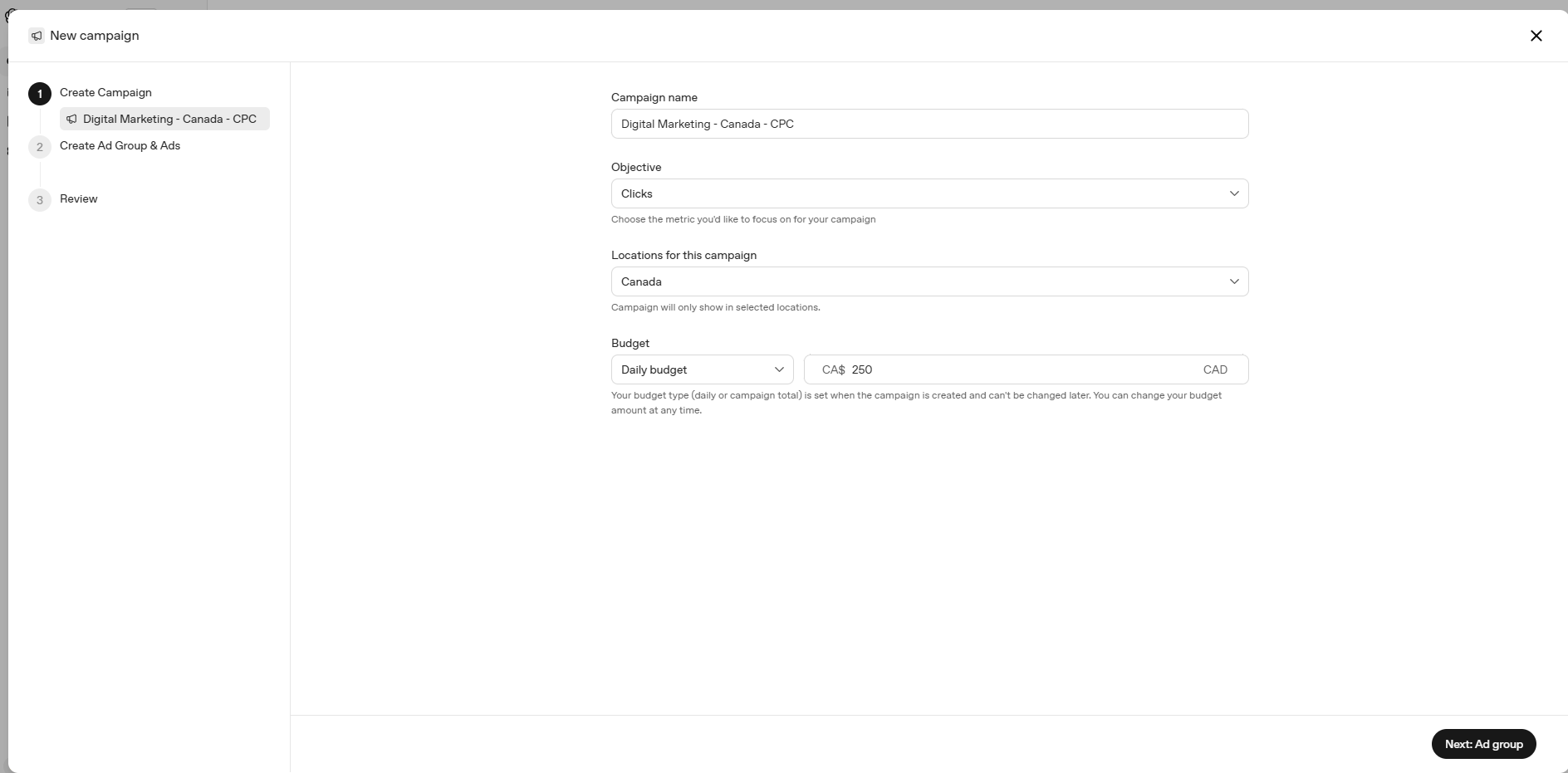 Excel bulk upload template showing the campaigns tab with column definitions