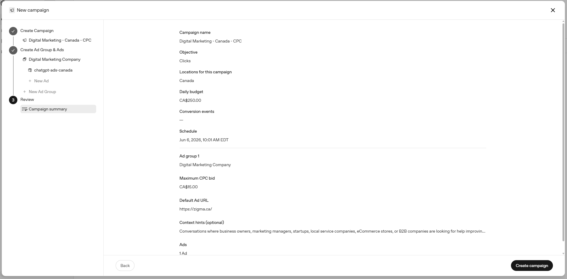 Excel bulk upload ads tab showing ad creative fields