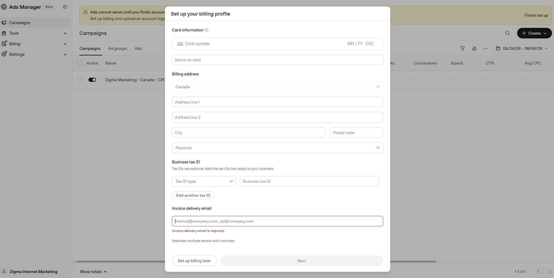 Ad creative form showing headline, description, URL, image upload, and live preview