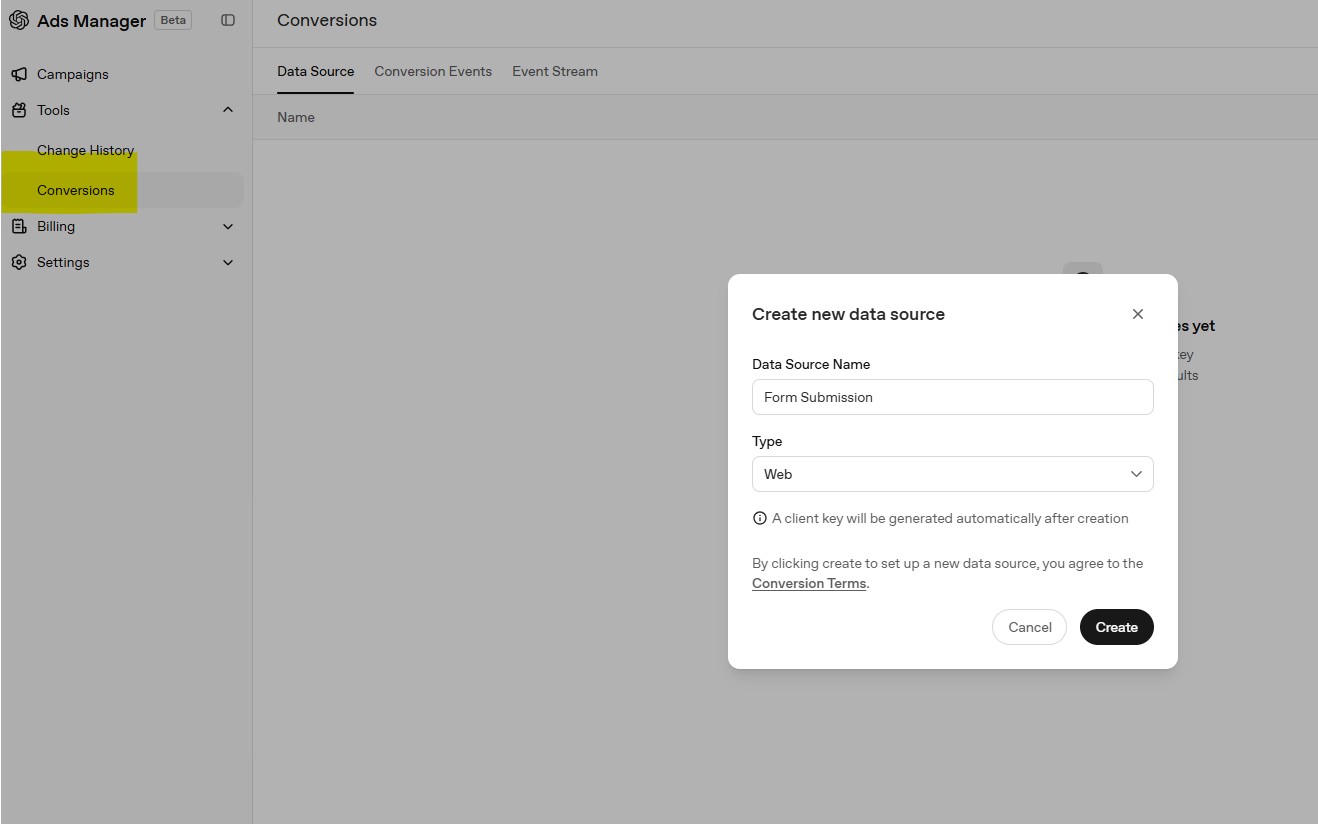 OpenAI Ads Manager Tools menu showing Conversions option